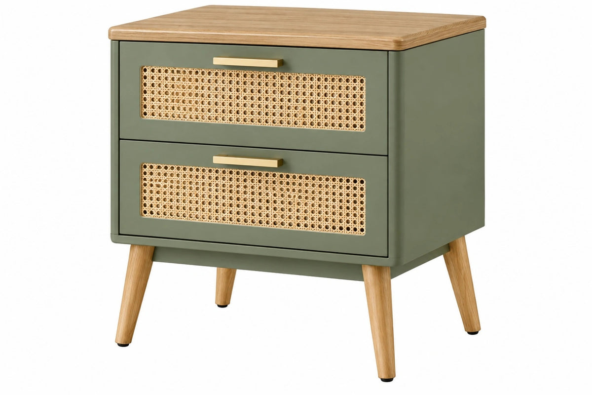 Comodino 50 x 40 x 60 cm verde e legno con 2 cassetti in rattan stile naturale