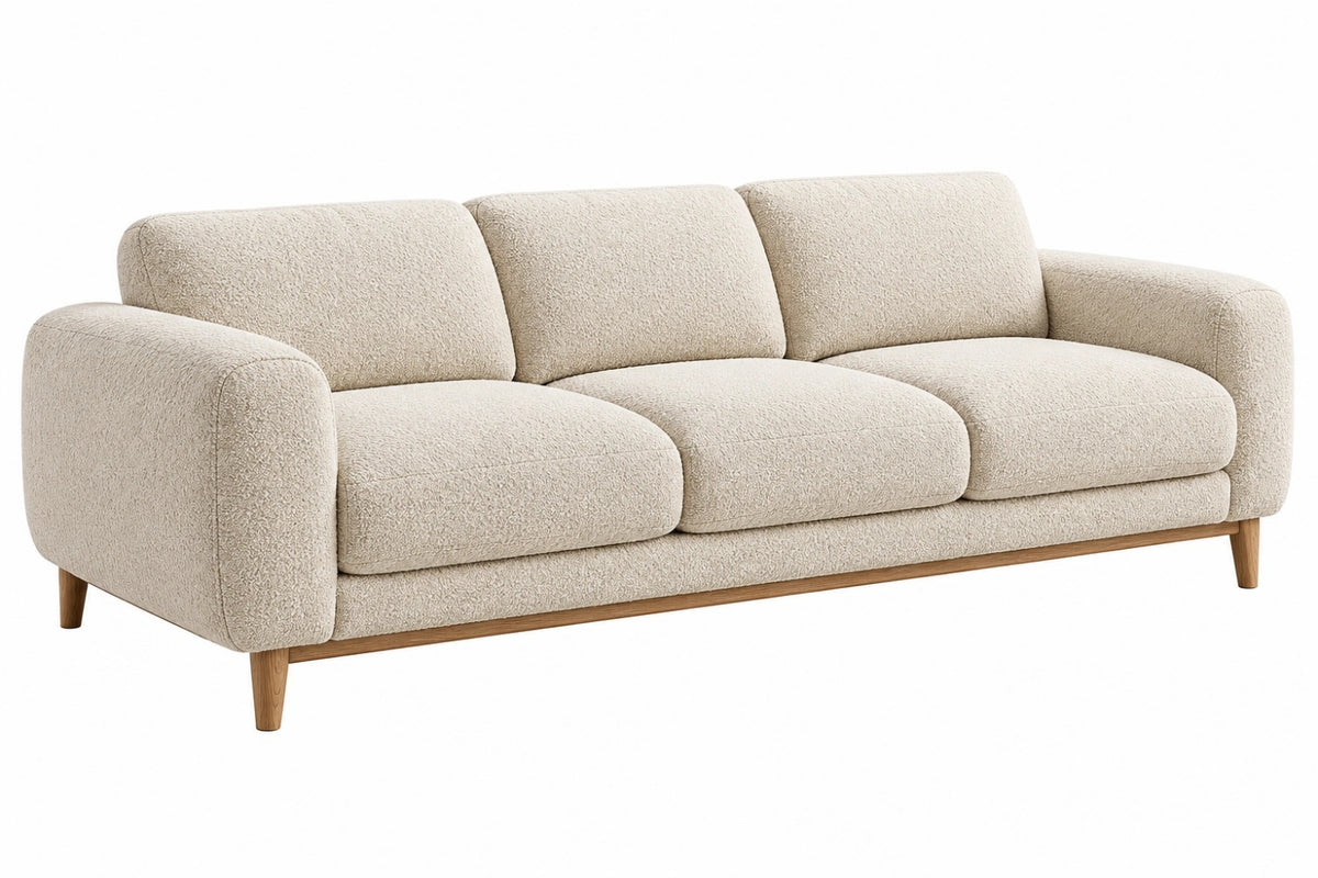 Divano 3 posti 220 cm in tessuto bouclé beige con gambe in legno stile moderno