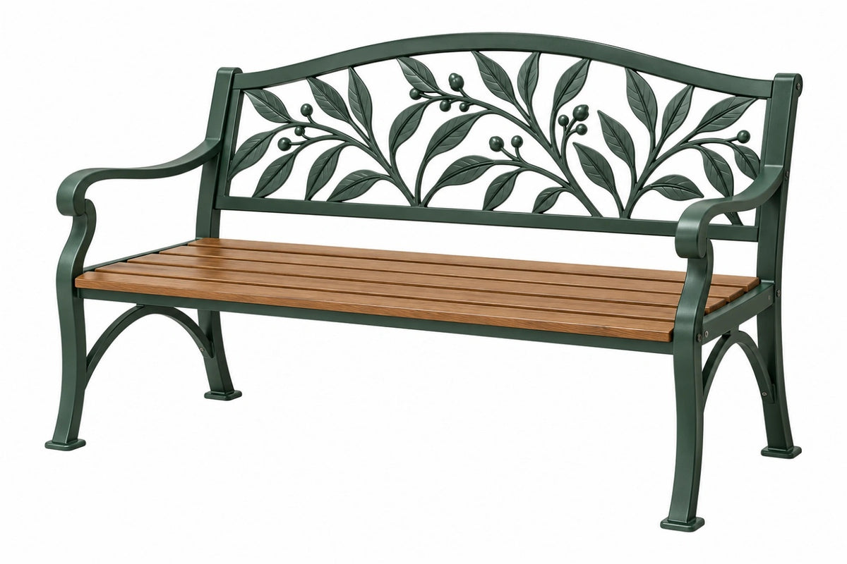 Panchina da giardino 122 cm in metallo e legno marrone verde con schienale decorativo