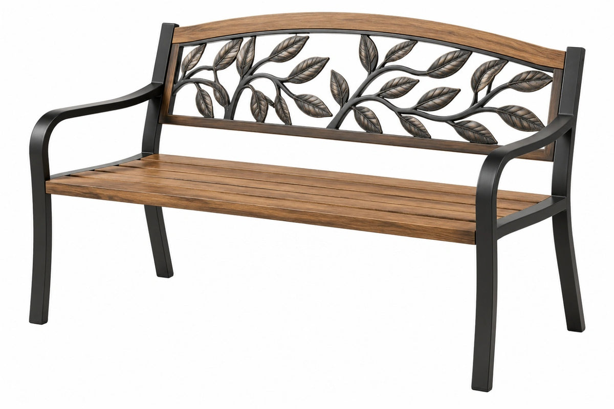 Panca da giardino 122 x 62 x 91 cm in legno e metallo marrone e nero con schienale a foglie