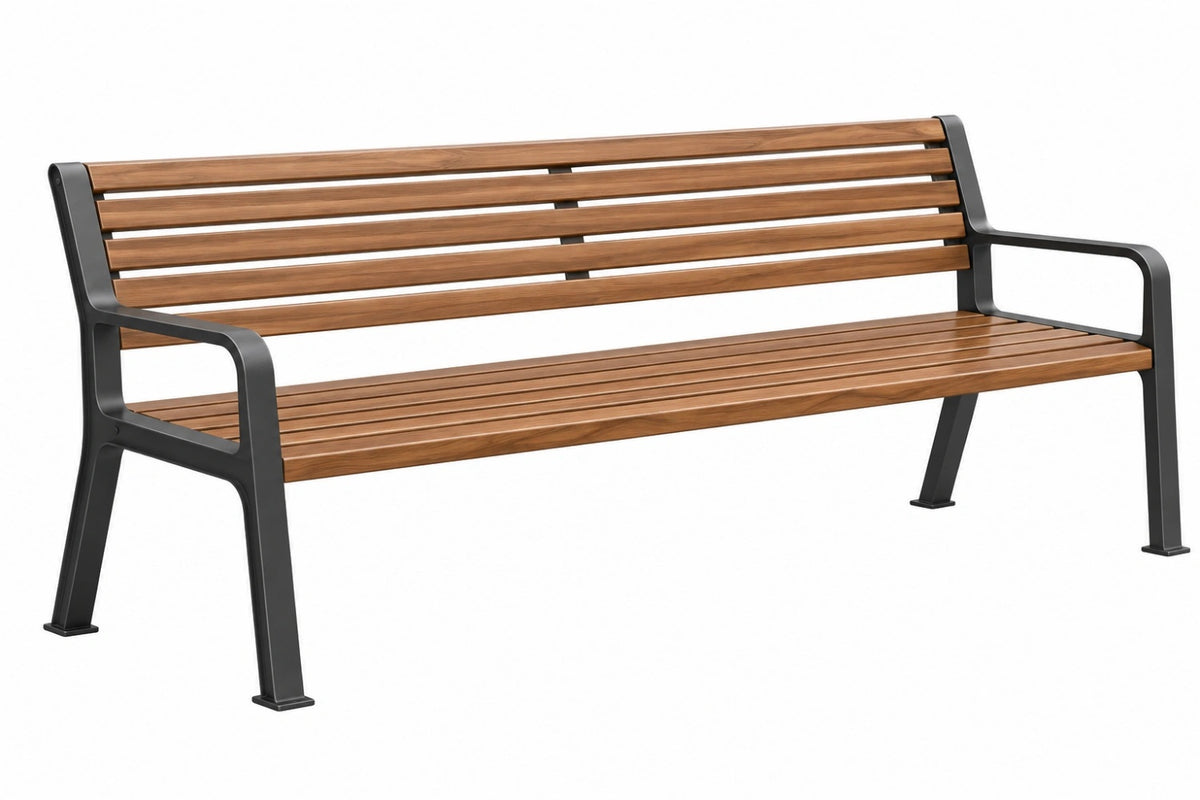 Panchina da giardino 150 cm in legno marrone e metallo nero con braccioli