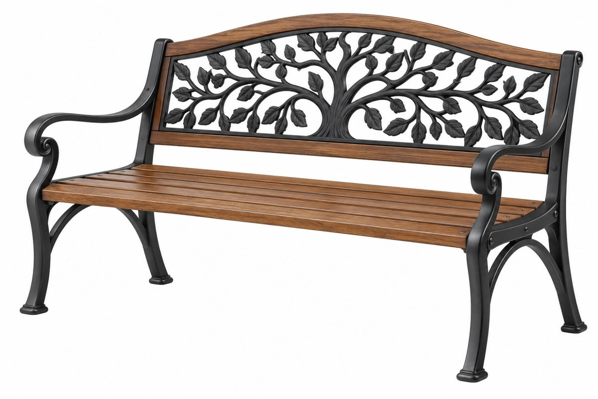 Panca da giardino 122 x 62 x 91 cm in legno e metallo marrone nero con schienale decorativo