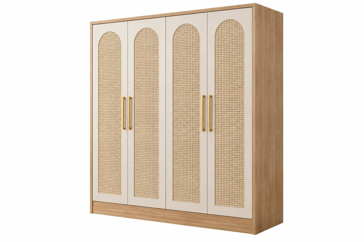 Armadio 180 x 60 x 200 cm a 4 ante in legno beige naturale con inserti intrecciati stile contemporaneo