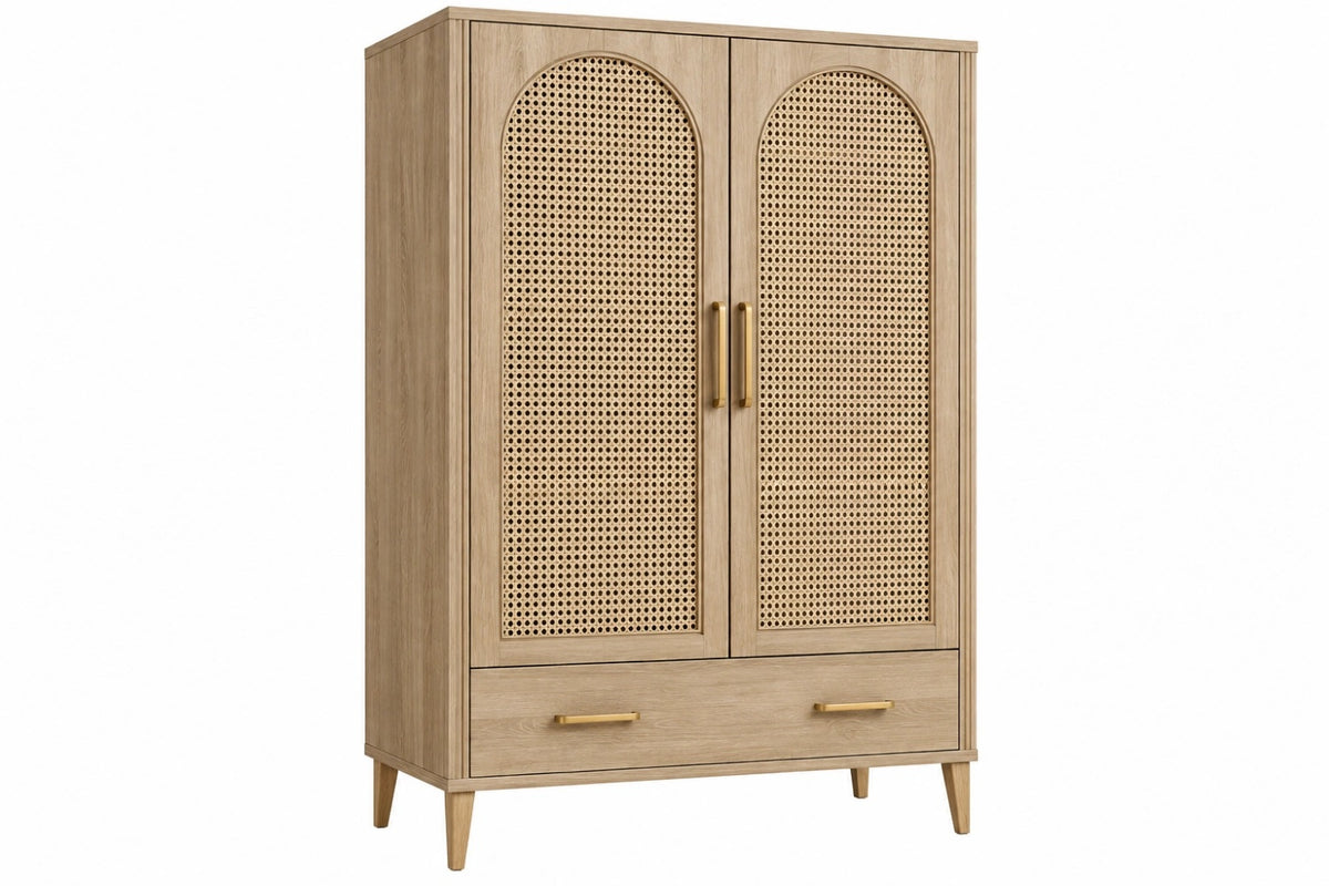 Armadio 100 x 55 x 180 cm in legno marrone chiaro e rattan con 2 ante e cassetto stile naturale