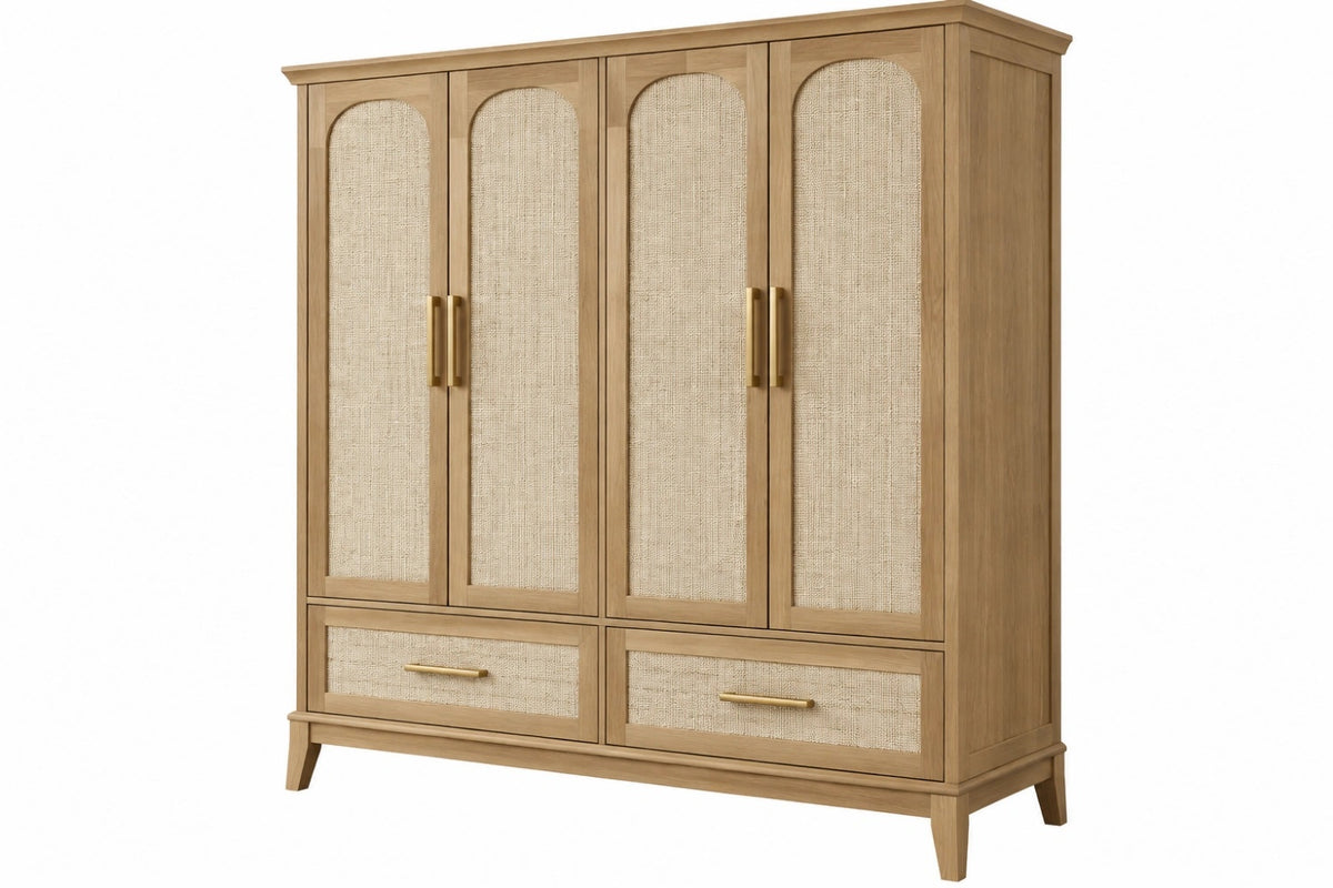 Armadio 180 x 55 x 200 cm in legno naturale con inserti intrecciati a 4 ante e 2 cassetti
