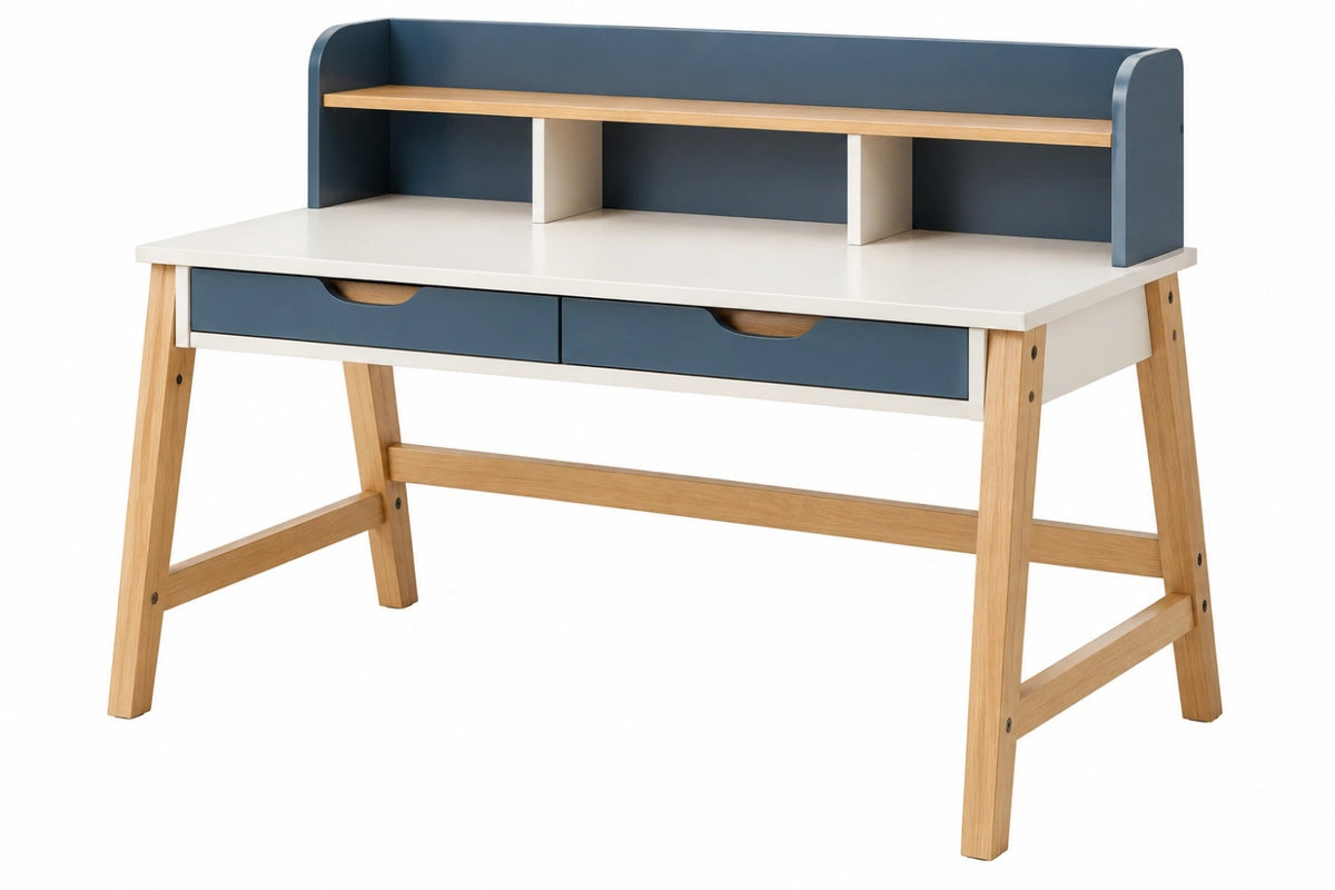Scrivania per bambini 120 x 60 cm in legno bianco e blu con cassetti e ripiano