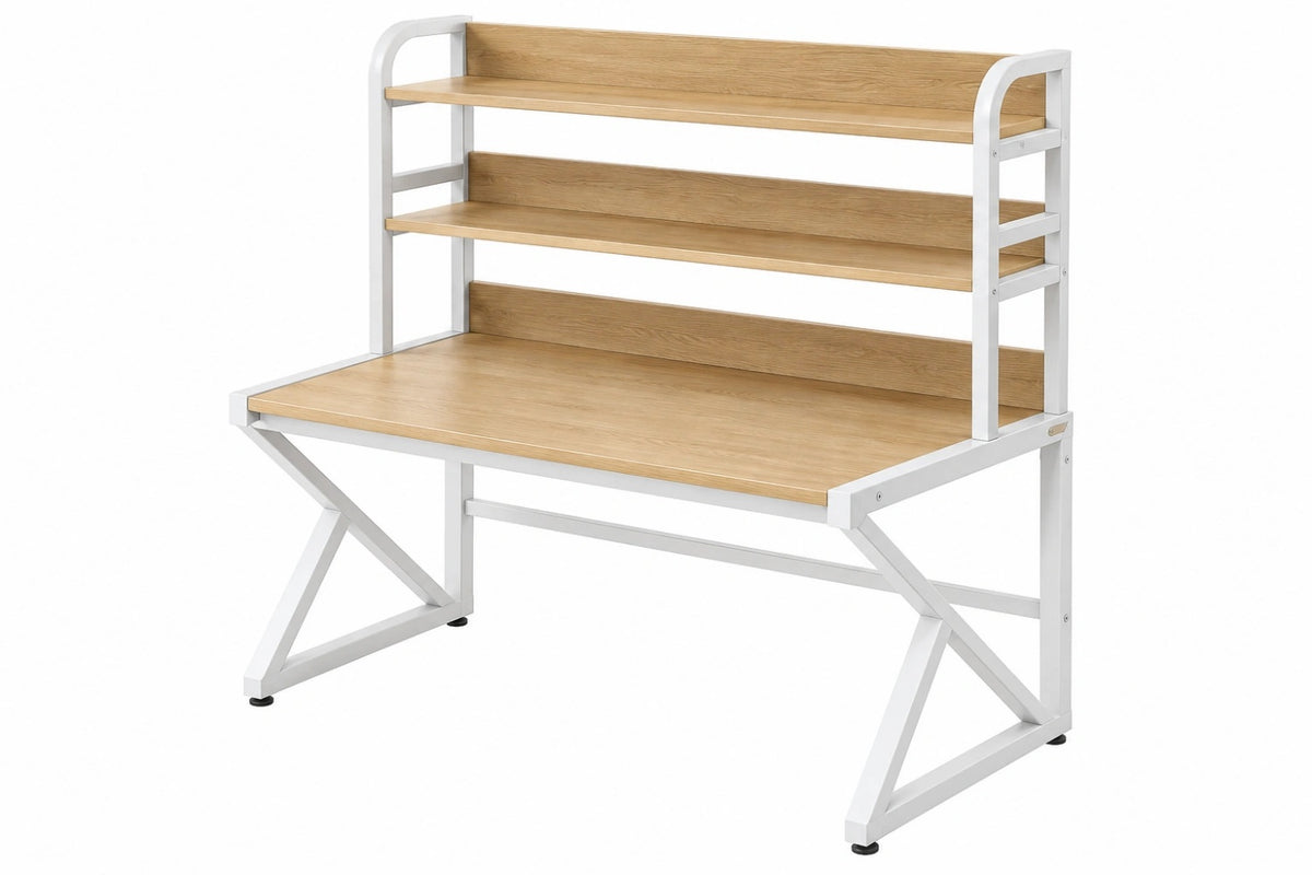 Scrivania con scaffale 120 x 60 x 120 cm in legno e metallo bianco effetto rovere