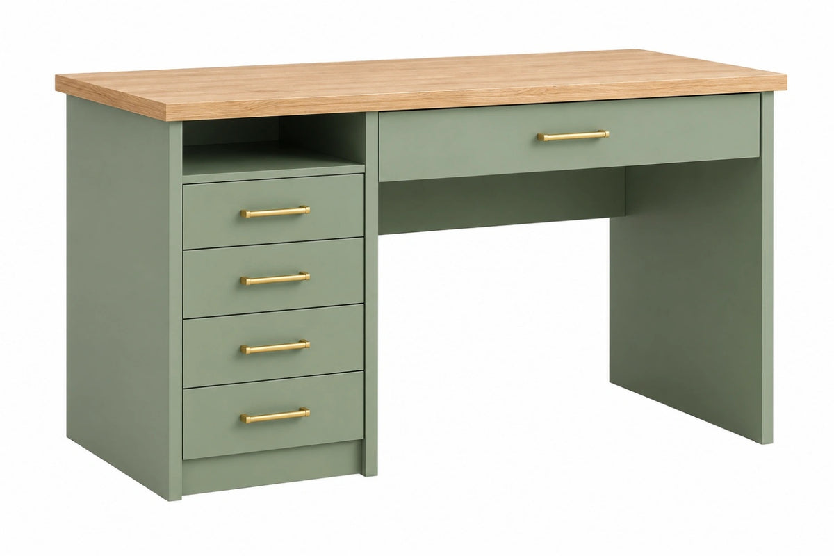 Scrivania 140 x 60 x 75 cm in legno verde salvia con 5 cassetti stile moderno