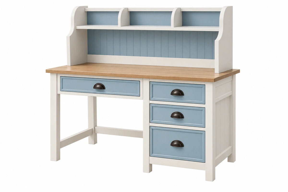Scrivania 120 x 60 x 180 cm in legno bianco e azzurro con cassetti e mensole stile country