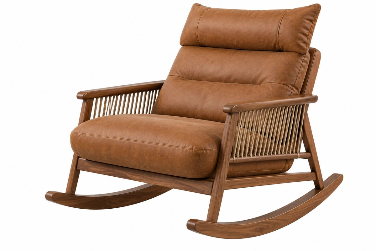 Sedia a dondolo 110 x 75 x 98 cm in legno marrone con rivestimento effetto pelle - stile moderno
