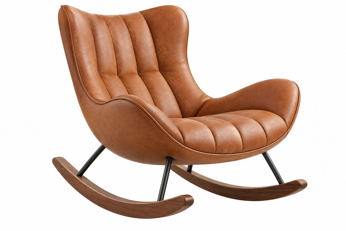 Sedia a dondolo 100 x 85 x 105 cm in similpelle marrone con base in legno stile moderno