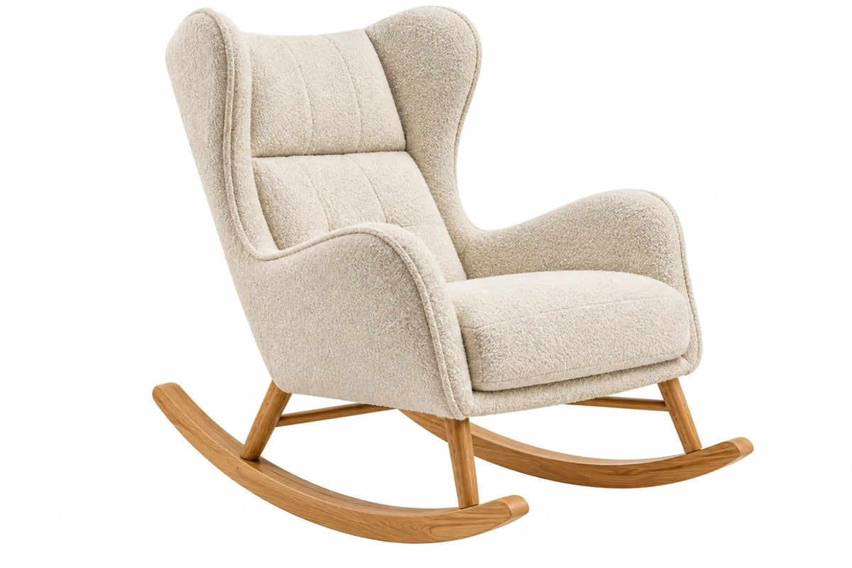 Sedia a dondolo 75 x 95 x 105 cm in tessuto bouclé beige con struttura in legno stile nordico
