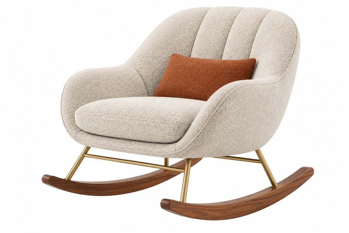 Sedia a dondolo 100 x 90 x 100 cm in tessuto bouclé crema con base in legno