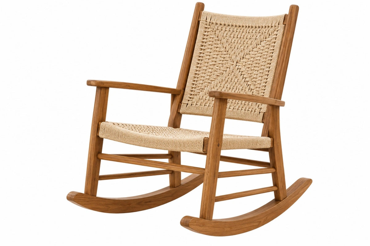 Sedia a dondolo 68 x 95 x 105 cm in legno marrone con corda naturale per relax stile rustico