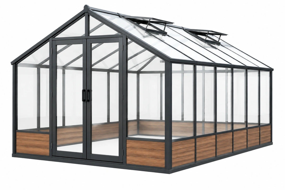 Serra da giardino 490 x 250 x 250 cm in alluminio nero e vetro trasparente con doppia porta e finestre da tetto