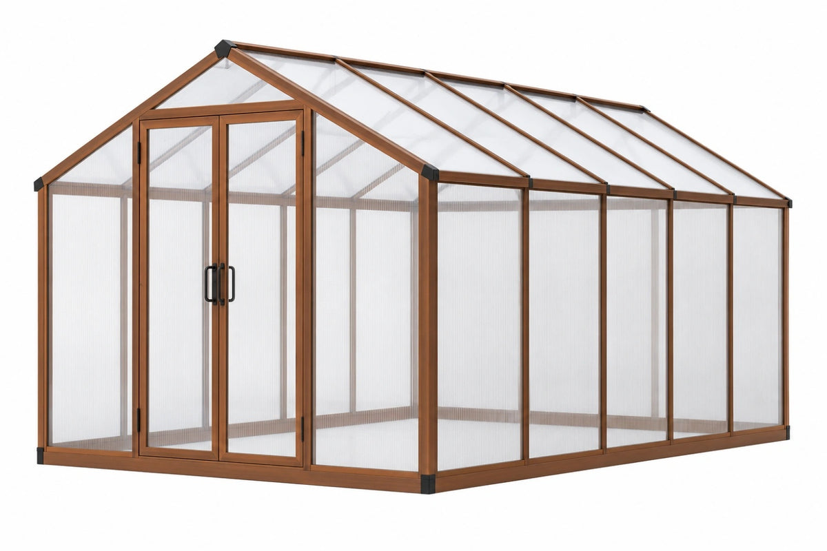 Serra da giardino 244x190x195 cm in metallo marrone con pannelli traslucidi e doppia porta