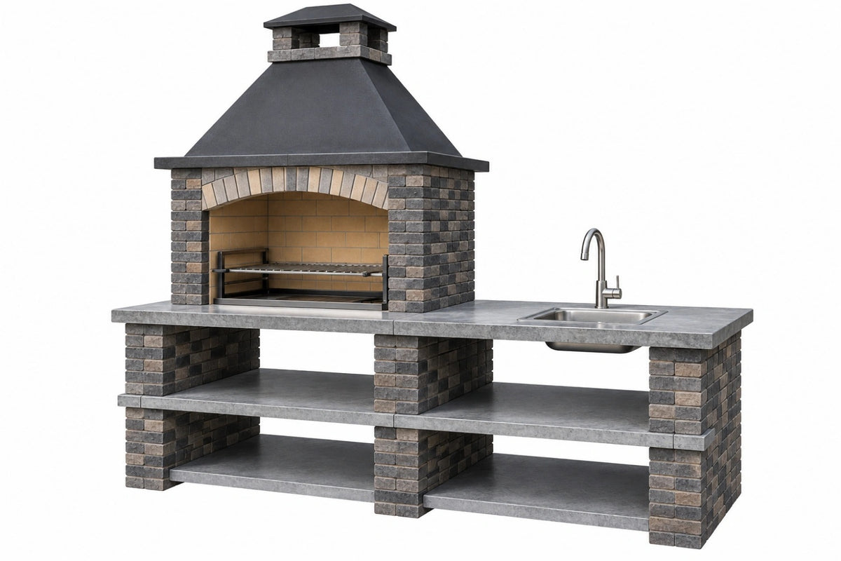 Cucina da esterno con barbecue 250 x 70 x 230 cm in pietra e metallo grigio antracite con lavello e camino