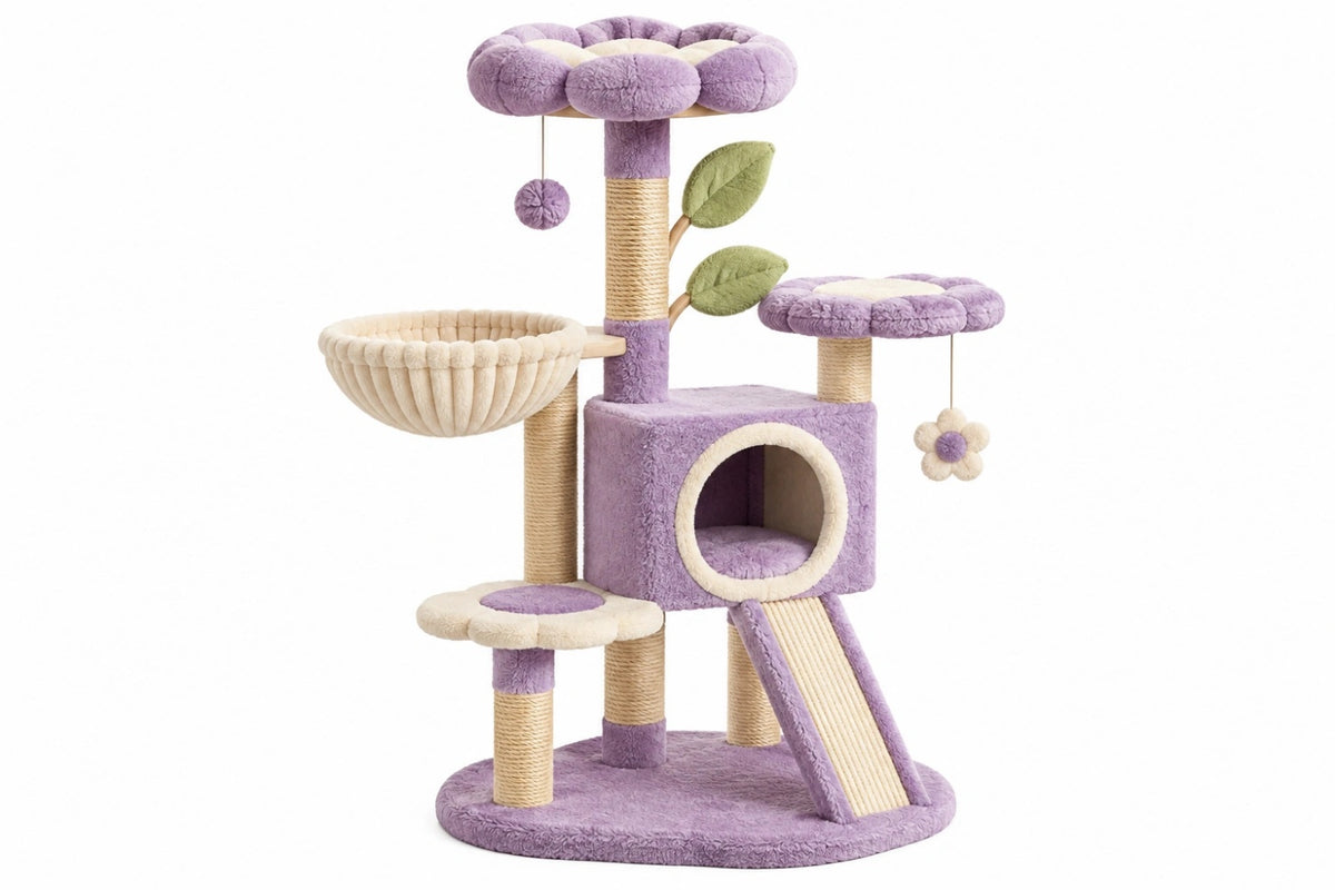 Albero tiragraffi per gatti 60 x 50 x 110 cm in peluche viola e sisal con cuccia e piattaforme