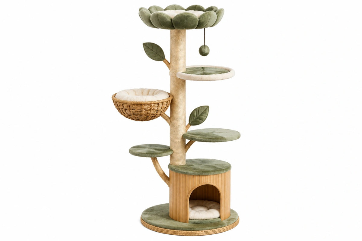 Albero tiragraffi per gatti Ø60 x 160 cm in legno sisal e tessuto verde beige con cuccia e piattaforme