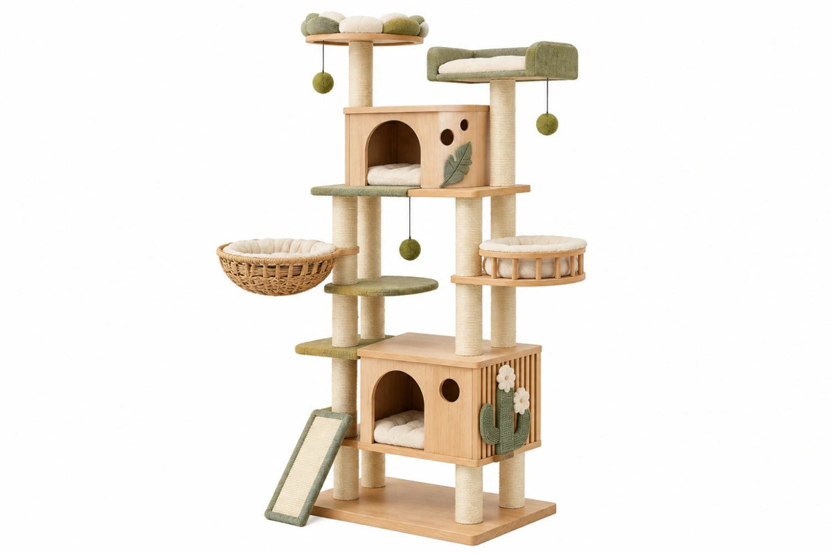 Tiragraffi per gatti 90 x 60 x 180 cm in legno beige e verde con cucce piattaforme e pali in sisal
