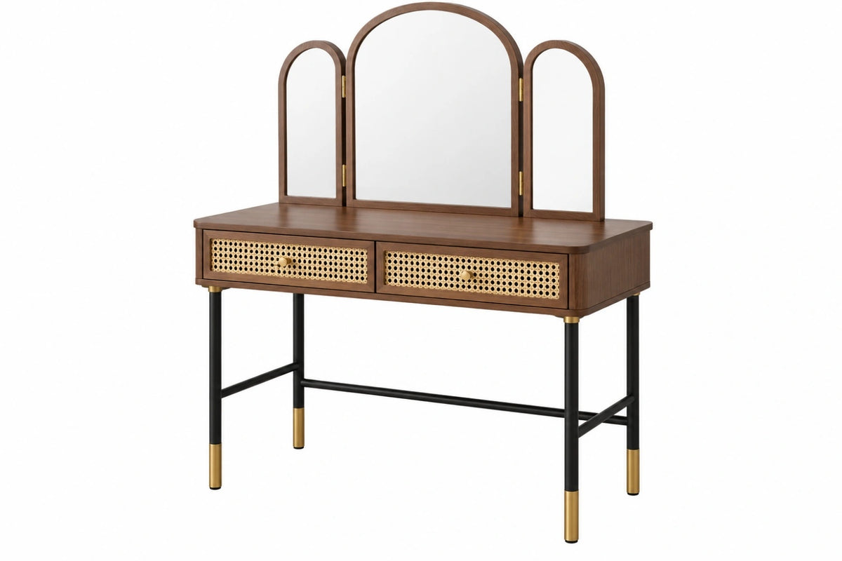Toeletta 120x50x145 cm in legno marrone con specchio pieghevole e cassetti stile retrò