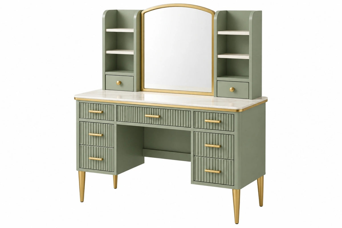 Toeletta 120 x 50 x 165 cm in legno ingegnerizzato verde salvia con specchio e cassetti stile retrò