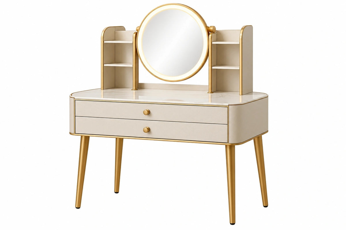 Toeletta 100 x 45 x 150 cm con specchio rotondo ripiani e cassetti beige e oro