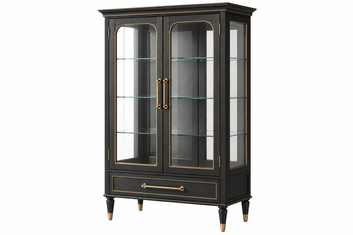 Vetrina 100 x 45 x 180 cm in legno e vetro nero con dettagli dorati - mobile espositivo classico