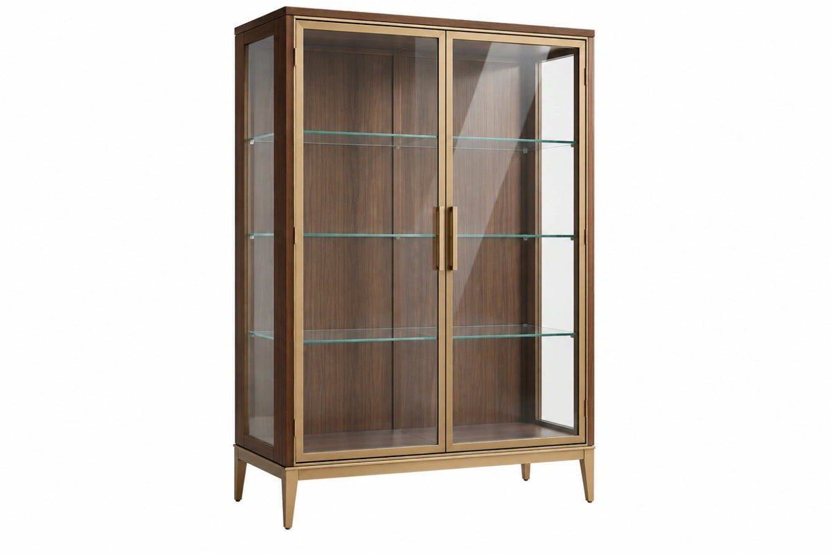 Vetrina 100 x 40 x 180 cm in legno marrone e vetro con ante e ripiani stile moderno