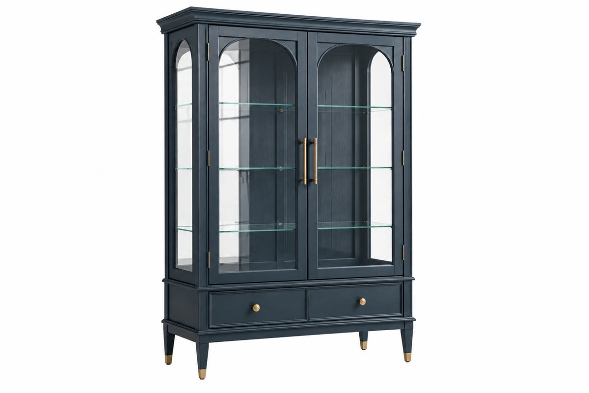 Vetrina 110 x 45 x 200 cm in legno blu notte con ante in vetro e cassetti stile classico