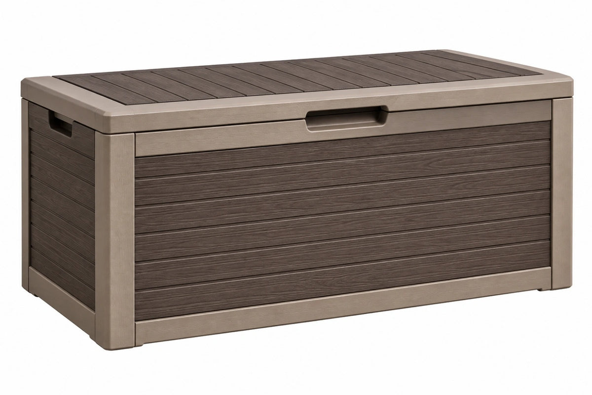 Cassapanca contenitore da esterno 120 x 60 x 63 cm in resina tortora e marrone con coperchio