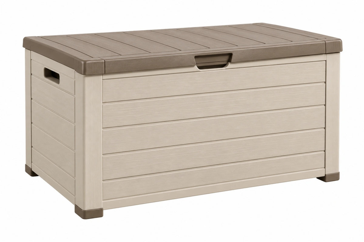 Cassapanca contenitore 120 x 55 x 60 cm in plastica beige e tortora per esterno con coperchio