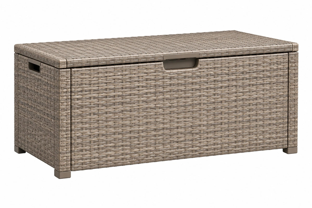 Cassapanca da esterno 120x60x60 cm in rattan sintetico tortora con coperchio contenitore