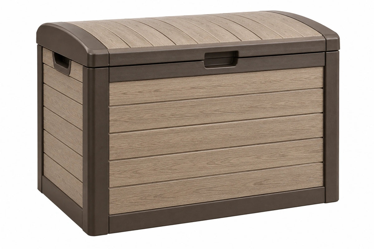 Baule contenitore da esterno 128 x 65 x 61 cm in resina marrone tortora con coperchio curvo effetto legno