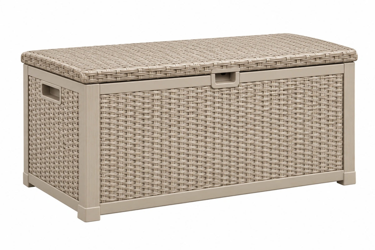 Cassapanca contenitore 120 x 60 x 60 cm in resina intrecciata beige con coperchio