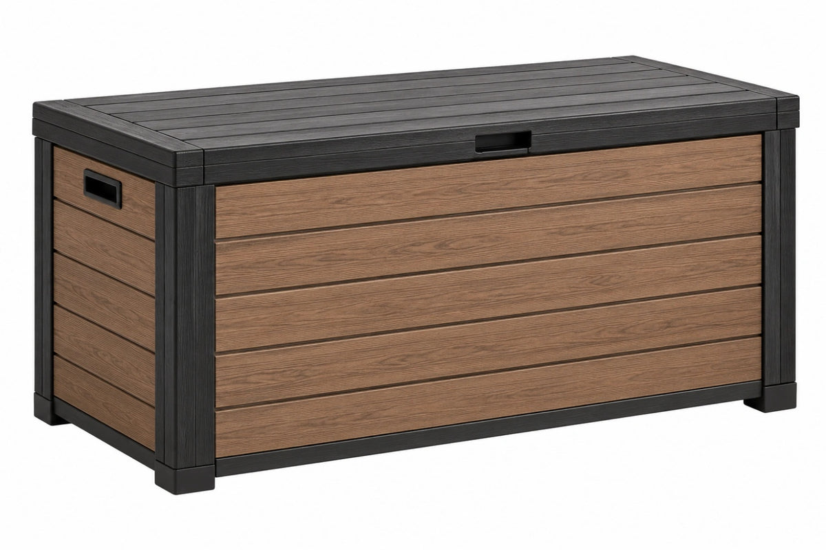 Cassapanca da giardino 120 x 60 x 65 cm in resina marrone/nero effetto legno con coperchio