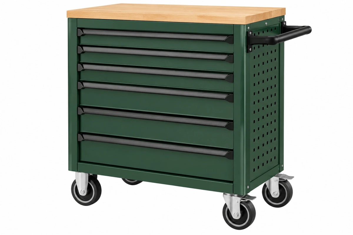 Carrello portautensili 90 x 46 x 96 cm in acciaio verde con piano in legno e 7 cassetti