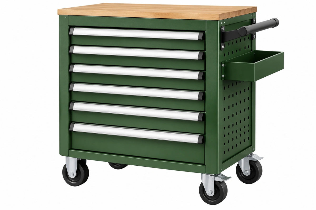 Carrello portautensili 85 x 46 x 98 cm in acciaio verde con piano in legno e 6 cassetti