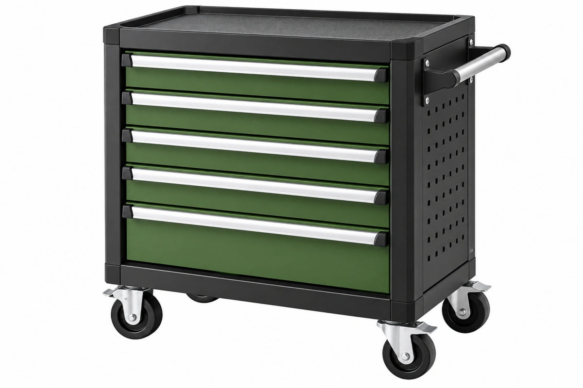 Cassettiera portautensili 78 x 46 x 97 cm in acciaio verde e nero con 5 cassetti e ruote