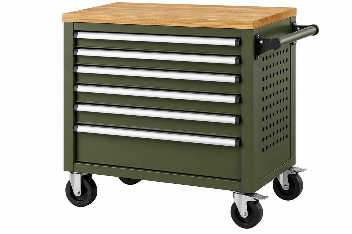 Carrello portautensili 86 x 46 x 98 cm in acciaio verde con piano in legno e ruote