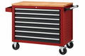 Carrello portautensili 113 x 46 x 98 cm in acciaio rosso con piano in legno e 8 cassetti