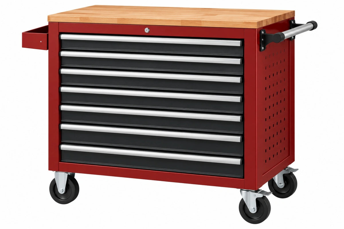 Carrello portautensili 113 x 46 x 98 cm in acciaio rosso con piano in legno e 8 cassetti