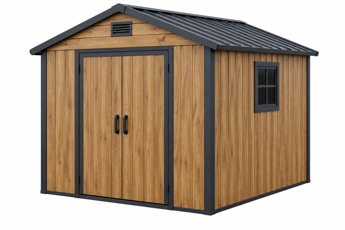 Casetta da giardino 240 x 180 x 210 cm in legno marrone con struttura nera - deposito da esterno moderno