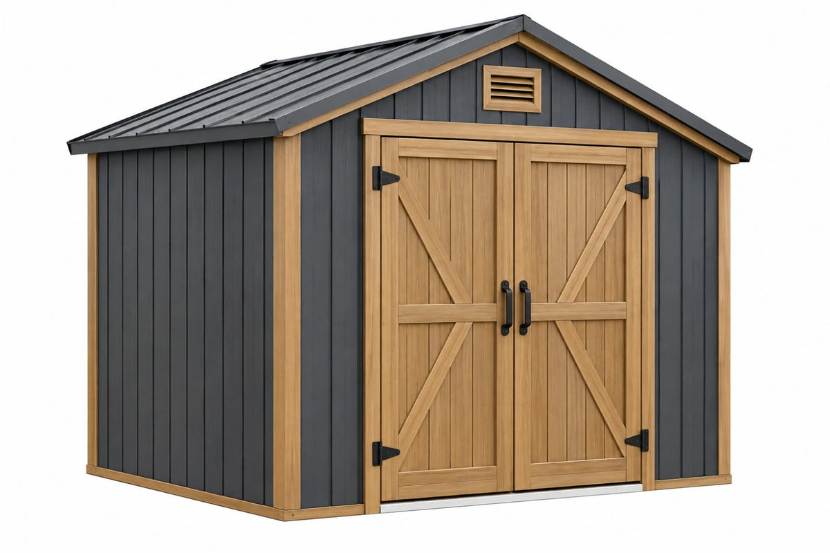 Casetta da giardino 240 x 180 x 220 cm in legno grigio antracite e naturale - doppia porta stile rustico
