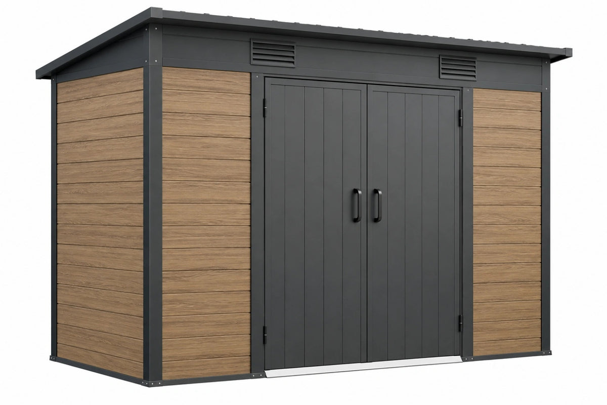 Casetta da giardino 300 x 240 x 210 cm in acciaio grigio antracite effetto legno - ripostiglio da esterno ventilato