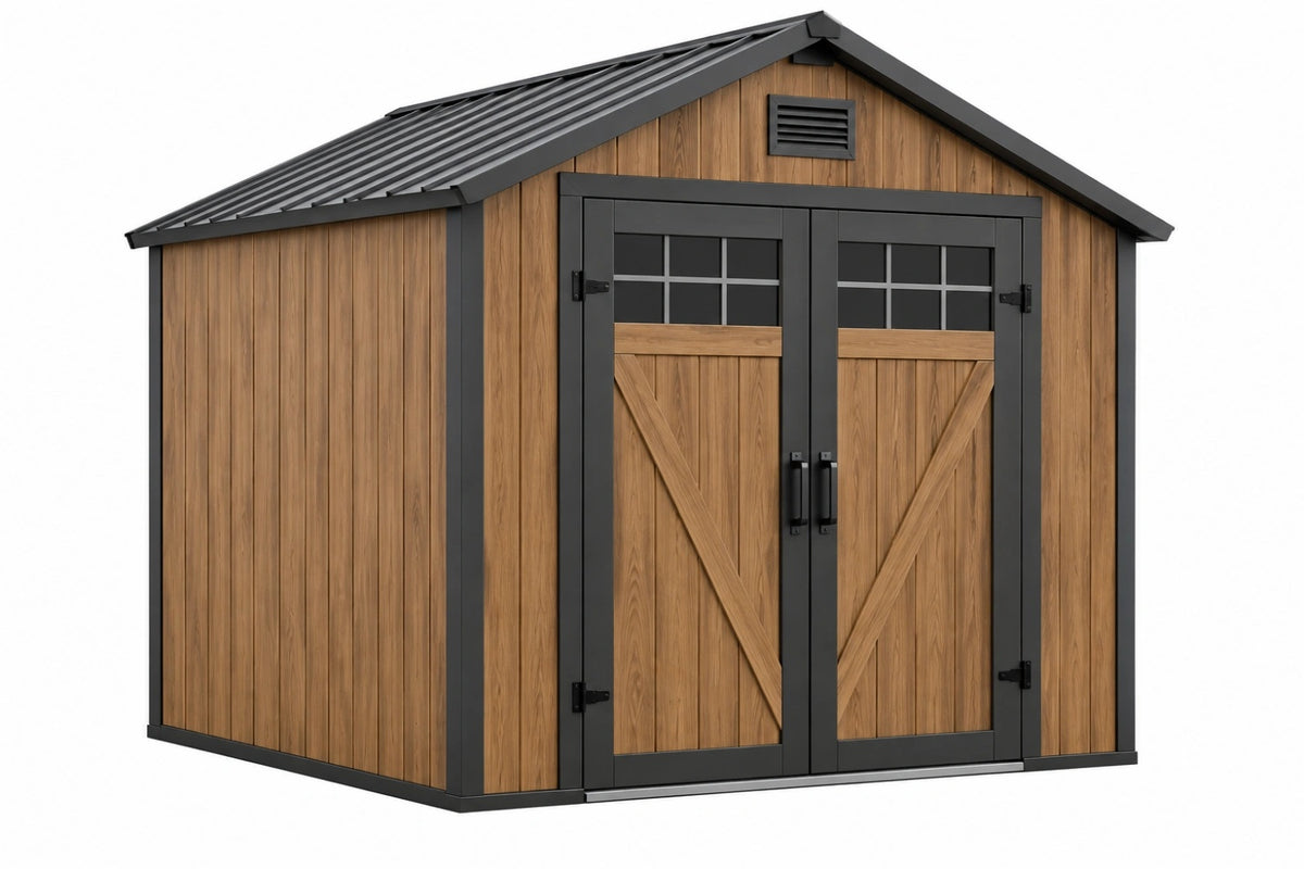 Casetta da giardino 240 x 180 x 210 cm in legno marrone e metallo nero con doppia porta stile rustico