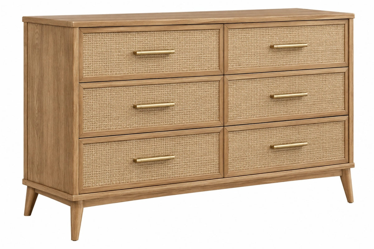 Cassettiera 150 x 45 x 90 cm in legno marrone con rattan a 6 cassetti stile rétro