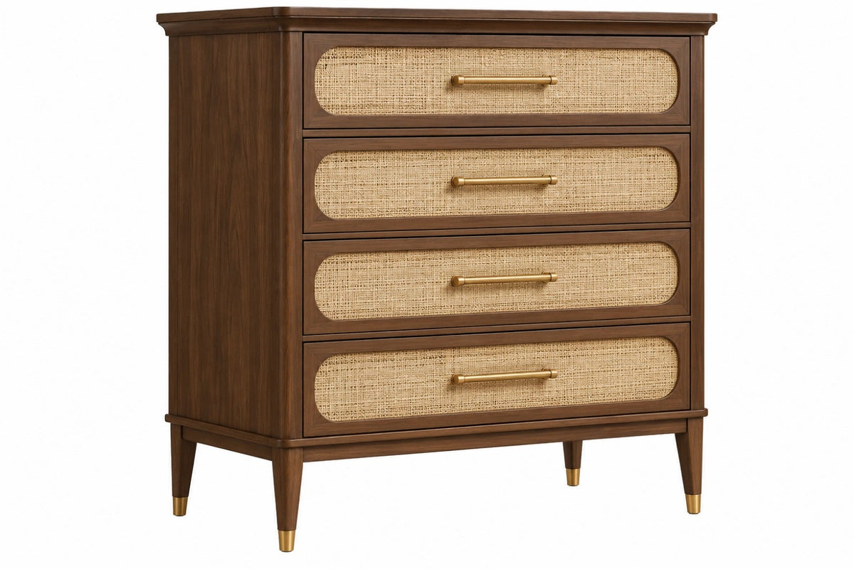 Cassettiera 90 x 45 x 105 cm in legno marrone con rattan a 4 cassetti - stile retrò