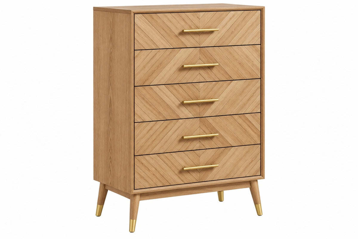 Cassettiera 80 x 40 x 120 cm in legno naturale con 5 cassetti stile moderno