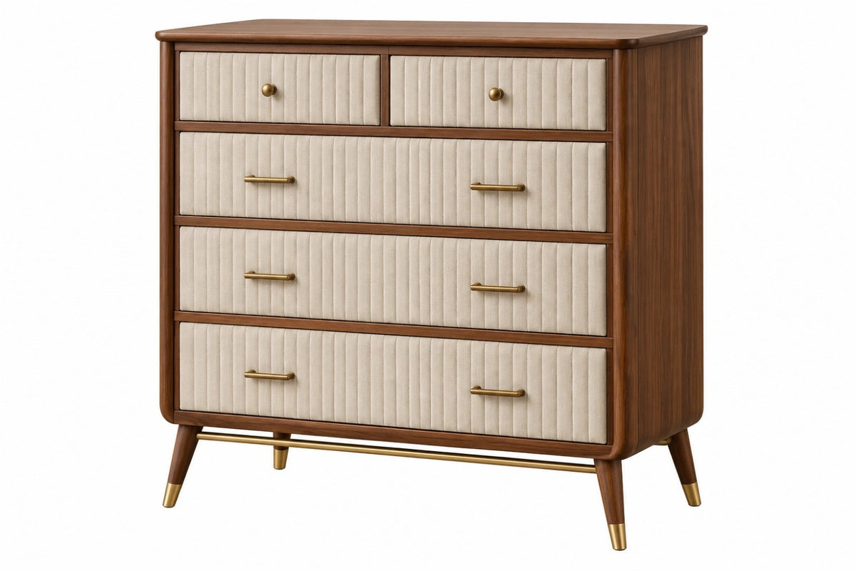 Cassettiera 120 x 45 x 110 cm in legno marrone e tessuto beige - 5 cassetti stile retrò
